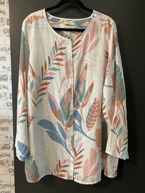 Cynthia Rowley Linen Tunic Shirt Tropical Print Swim Cover Up OS
